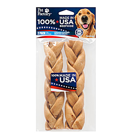 Made in U.S.A. 7 in 100% Beefhide Braids Chicken Flavored Dog Chews - 2 Pk