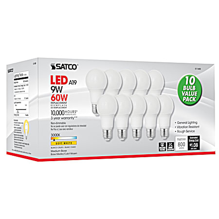 9W A19/LED 3000K Light Bulbs - 10 Pk