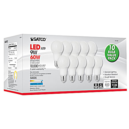 Satco 9W A19/LED 5000K Light Bulbs - 10 Pk