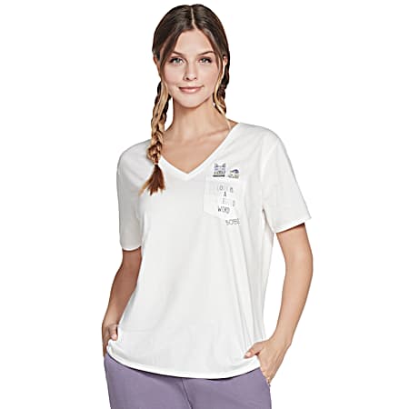 BOBS Women's White A 4 Legged Word Graphic V-Neck Short Sleeve T-Shirt w/Pocket