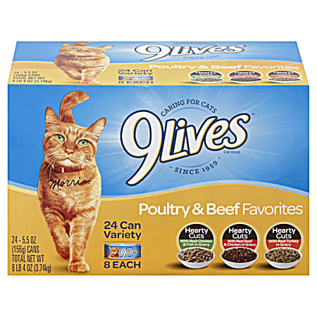 9Lives Hearty Cuts Poultry & Beef Favorites Variety Pack Wet Cat Food - 24 Ct