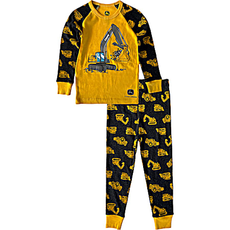 Toddler Boys' Black/Yellow All-Over Print Crew Neck Long Sleeve Top & Bottoms Cotton PJs - 2- Pc