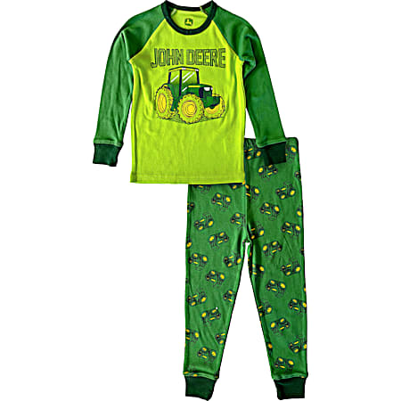 Toddler Boys' Green/Yellow All-Over Print Crew Neck Long Sleeve Top & Bottoms Cotton PJs - 2- Pc