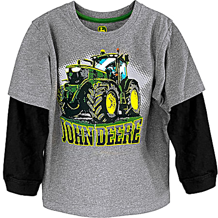Little Boys' Medium Heather Grey Tractor Graphic Crew Neck Long Sleeve Cotton T-Shirt