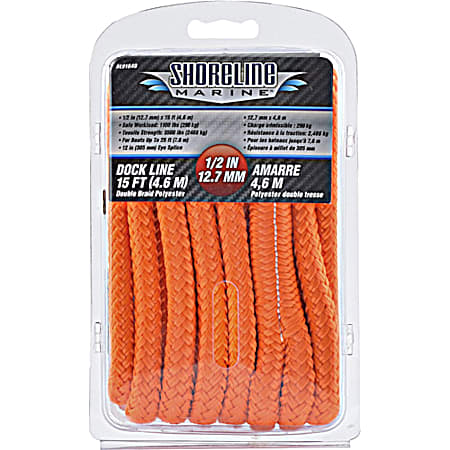 15 ft Orange Double Braid Premium Dockline Rope