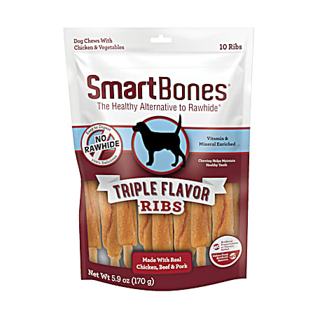 SmartBones Triple Flavor Ribs Dog Chews w/ Chicken, Beef & Pork - 10 Ct