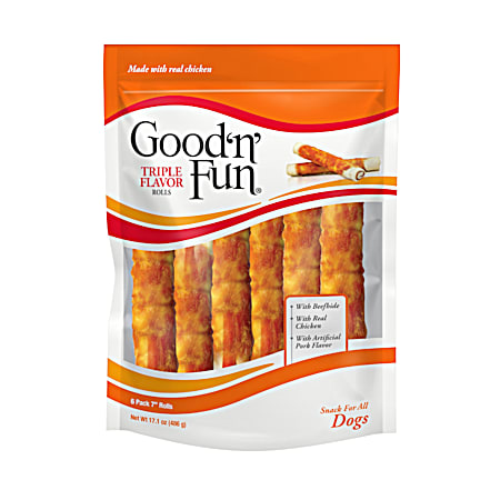 Good 'n' Fun Triple Flavor 7 in Rolls Dog Chews - 6 Pk