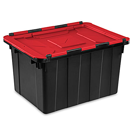 12 gal Black & Red Opaque Hinged Lid Industrial Plastic Storage Tote