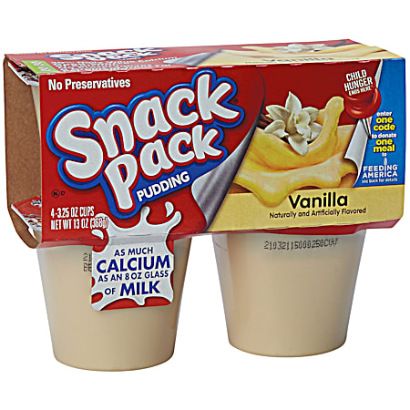 SNACK PACK 3.25 oz Individual Vanilla Pudding Cups - 4 Pk