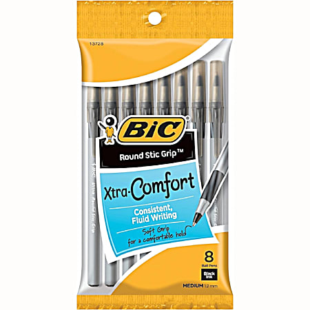 Bic Round Stic Grip Black Xtra Comfort Ballpoint Pens - 8 pk