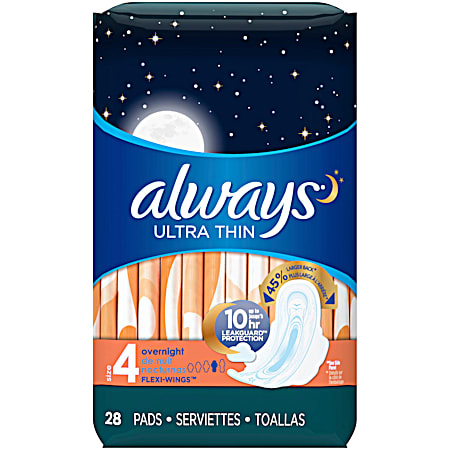 Ultra Thin Unscented Overnight Feminine Pads w/ Flexi-Wings - 28 Ct