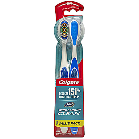 360 Whole Mouth Clean Soft Manual Toothbrushes - 2 Pk, Assorted