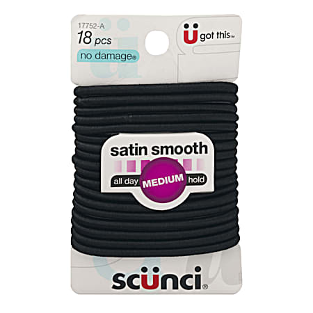 SCUNCI Black Satin Smooth Elastic Hair Ties - 18 ct