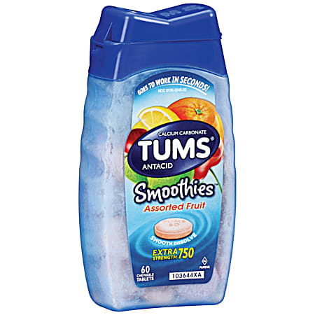 Tums Extra Strength 750 Smoothies Assorted Fruit 60 Chewable Antacid Tablets