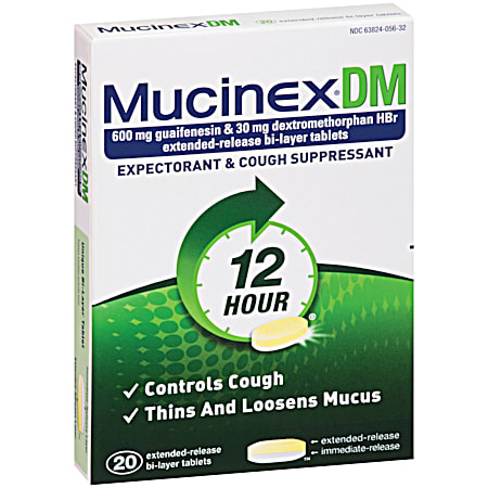 DM 12-Hour Expectorant & Cough Suppressant Bi-Layer Tablets - 20 ct