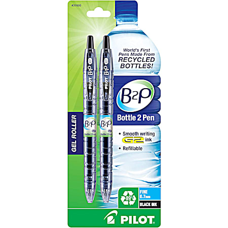 Pilot B2P Bottle-2-Pen Retractable Gel Roller Pens  Fine Point  Black  2/Pack
