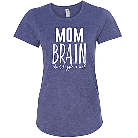 T-SHIRT INTERNATIONAL Women's Mom Brain Heather Navy Crew Neck Short Sleeve T-Shirt