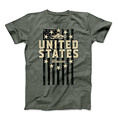 Men's Military Green Freedom Flag Graphic Heather Crew Neck Short Sleeve T-Shirt
