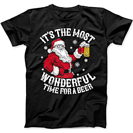 Men's Christmas Black Santa Beer Graphic Crew Neck Short Sleeve Tee
