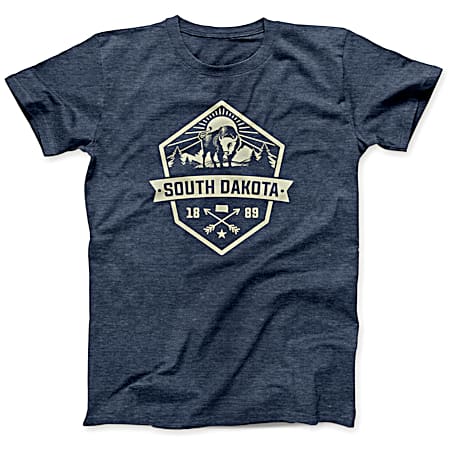 T-SHIRT INTERNATIONAL Men's Heather Navy South Dakota Buffalo Sun Graphic Crew Neck Short Sleeve T-Shirt