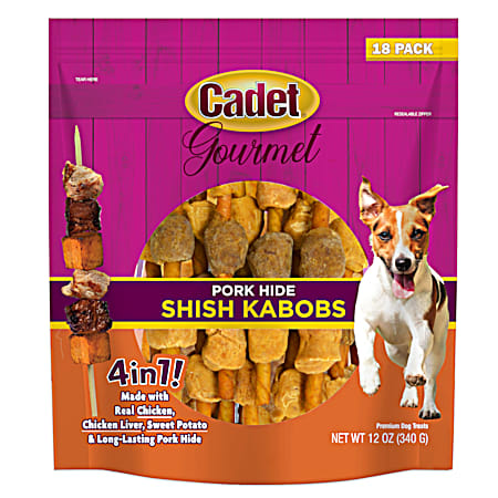 Cadet Gourmet Pork Hide Shish Kabob Chicken, Chicken Liver & Sweet Potato Dog Treats - 18 Ct