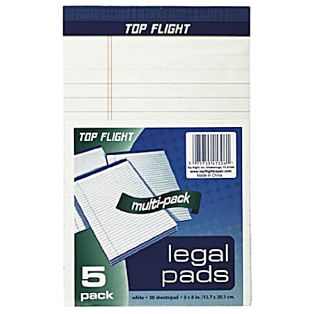 5 in x 8 in White Legal Pads - 5 Pk
