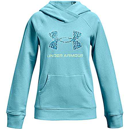 Under Armour Girls' UA Rival Core Sky Blue/Aqua Foam Graphic Logo Long Sleeve Fleece Hoodie