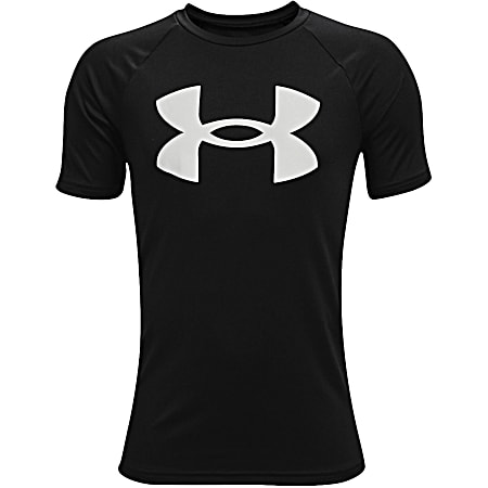 Boys' UA Tech Black/White Big Logo Fuller Cut Crew Neck Short Sleeve T-Shirt