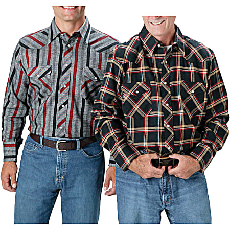 Men's Big & Tall Plaid Western Long Sleeve Button Down Shirt - Assorted