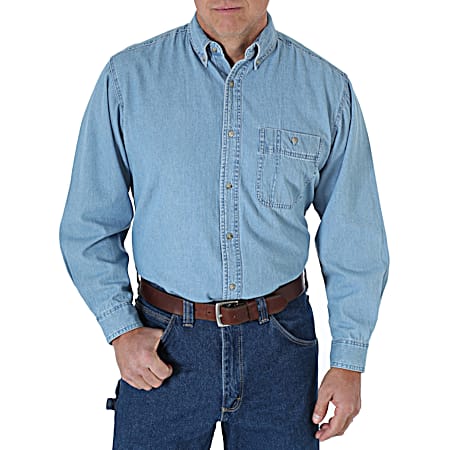 Men's Rugged Wear Stonewash Denim Button Front Long Sleeve Shirt
