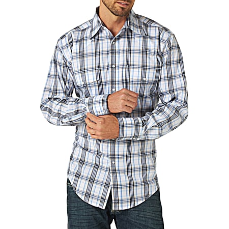 Wrangler Men's Navy/Blue Window Plaid Wrinkle Resist Snap Front Long Sleeve Woven Shirt