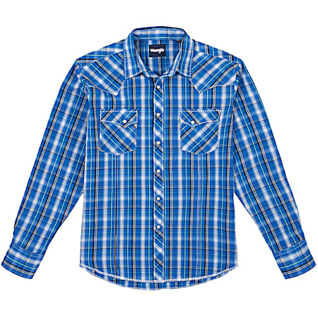 Wrangler Men's Blue Plaid Fashion Snap Front Long Sleeve Woven Shirt