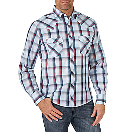 Wrangler Men's Western Blue Plaid Snap Front Long Sleeve Shirt