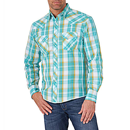 Wrangler Men's Western Turquoise Plaid Snap Front Long Sleeve Shirt