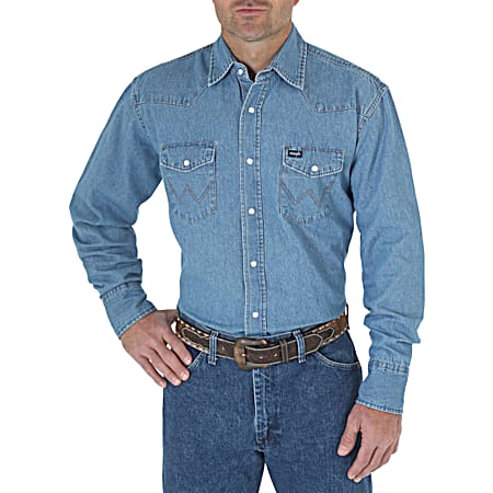 Wrangler Men's Stonewash Indigo Cowboy Cut Snap Front Long Sleeve Cotton Shirt