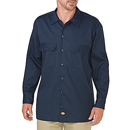 Men's FLEX Dark Navy Button Front Long Sleeve Twill Work Shirt