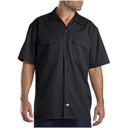 Men's FLEX Black Button Front Short Sleeve Twill Work Shirt