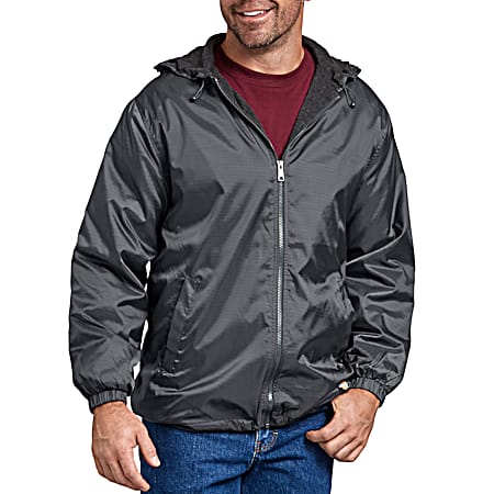 Men's Charcoal Fleece Lined Water Resistant Hooded Full Zip Ripstop Nylon Jacket