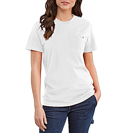 Women's White Heavyweight Crew Neck Short Sleeve Cotton T-Shirt w/Pocket