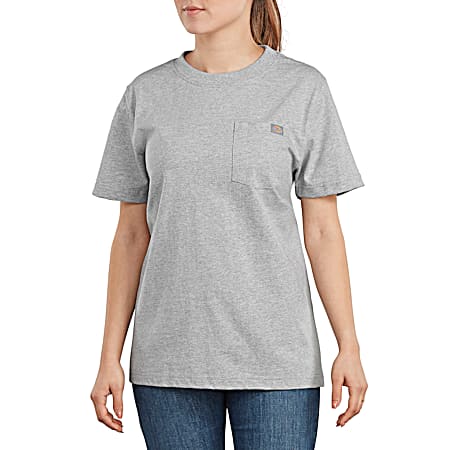 Women's Heather Grey Heavyweight Crew Neck Short Sleeve Cotton T-Shirt w/Pocket