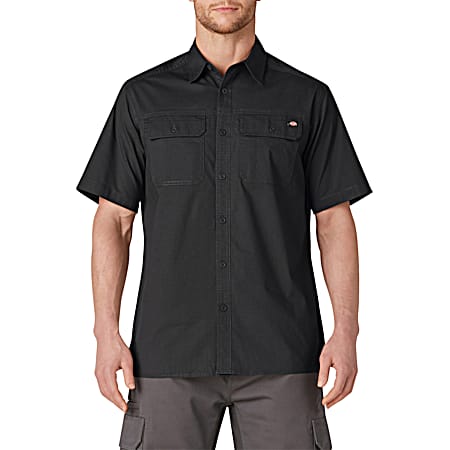Men's FLEX Black Button Front Short Sleeve Ripstop Work Shirt