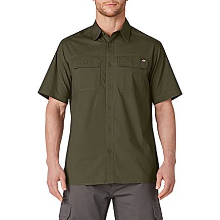 Men's FLEX Military Green Button Front Short Sleeve Ripstop Work Shirt