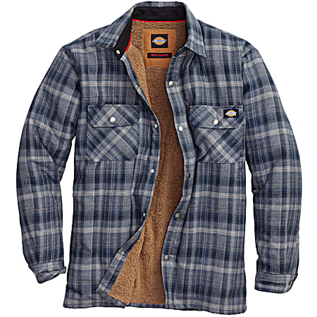 Men's Dark Navy/Dark Denim Plaid Snap Front Long Sleeve Sherpa Lined Flannel Shirt/Jacket