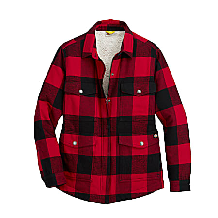 Women's English Red/Black Buffalo Plaid Snap/Zipper Front Sherpa Lined Flannel Chore Coat