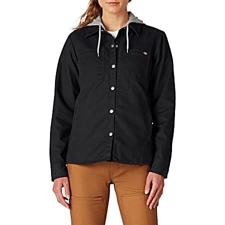 Women's Black Snap Front Long Sleeve Shirt Jacket w/Hood