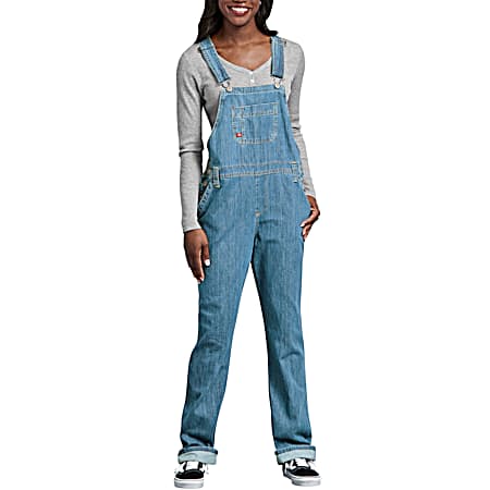 Women's Medium Stone Washed Relaxed Fit Straight Leg Bib Overalls