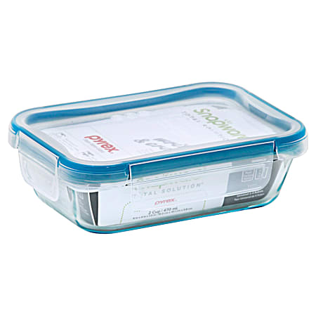 2-Cup Clear/Blue Total Solution Small Rectangular Pyrex Glass Container
