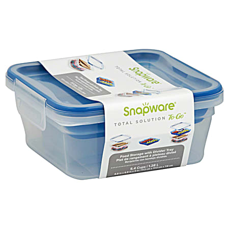 SnapWare 5-Cup Clear/Blue Total Solution Plastic On The Go Square w/Divided Tray Food Storage Container