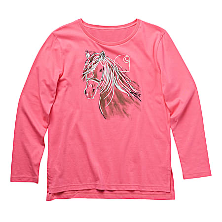 Toddler Girls' Pink Lemonade Shimmer Horse Graphic Crew Neck Long Sleeve Cotton T-Shirt