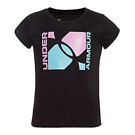 Little Girls' Black/Tile Blue Block Logo Graphic Crew Neck Short Sleeve T-Shirt